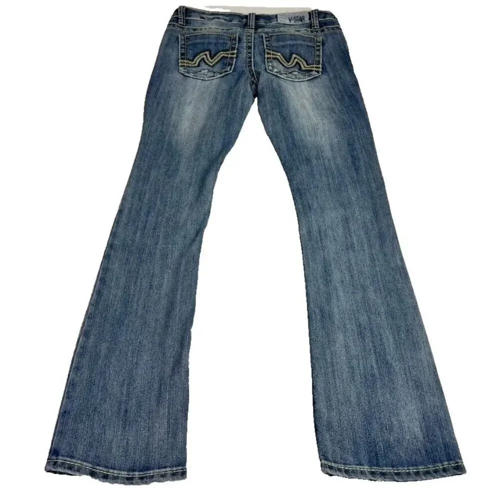Vanilla Star Jeans Womens 7 Blue Denim Bootcut Embroidered Detail Distressed